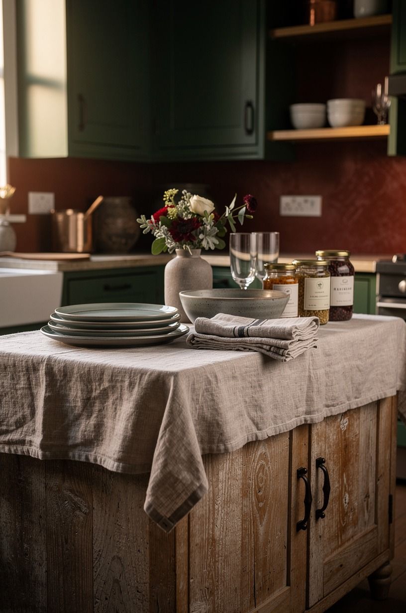 Layer Linen Over Disposable Layers for a Small Kitchen Buffet