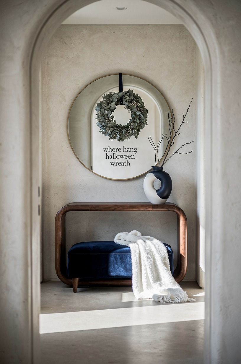 Layer a mirror wreath decor moment in the hallway