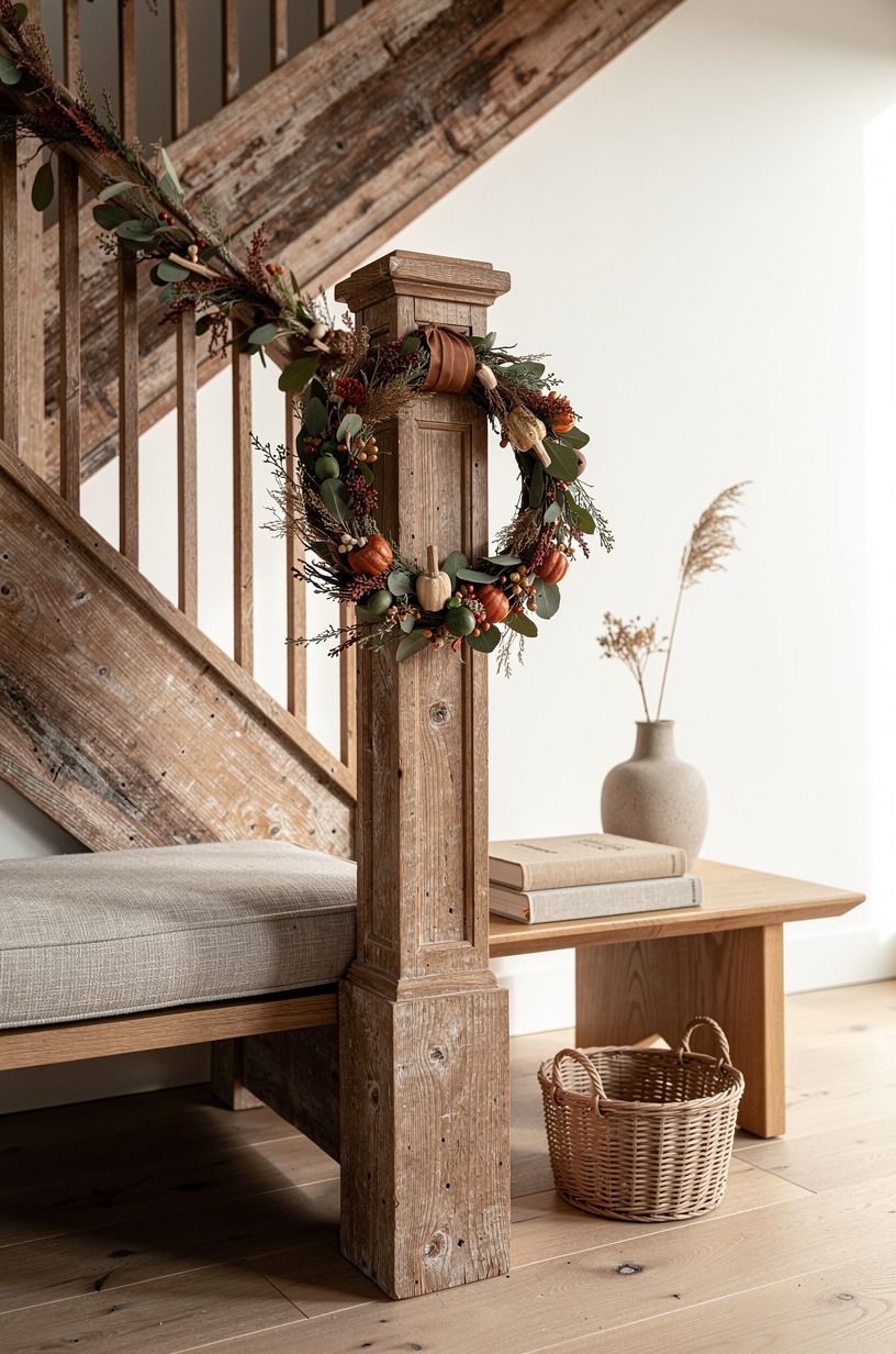 Wrap the staircase newel with staircase Halloween decor