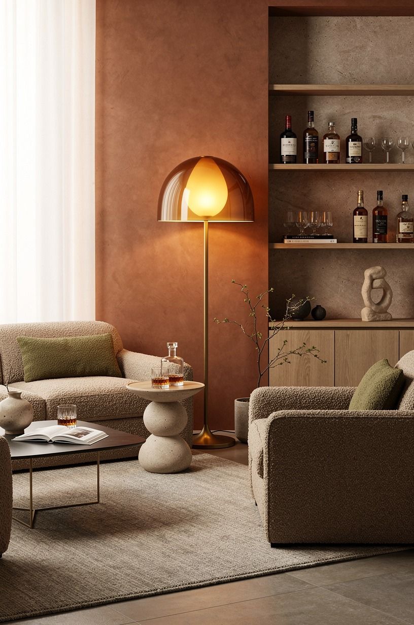 Anchor the lounge with an amber-shaded floor lamp