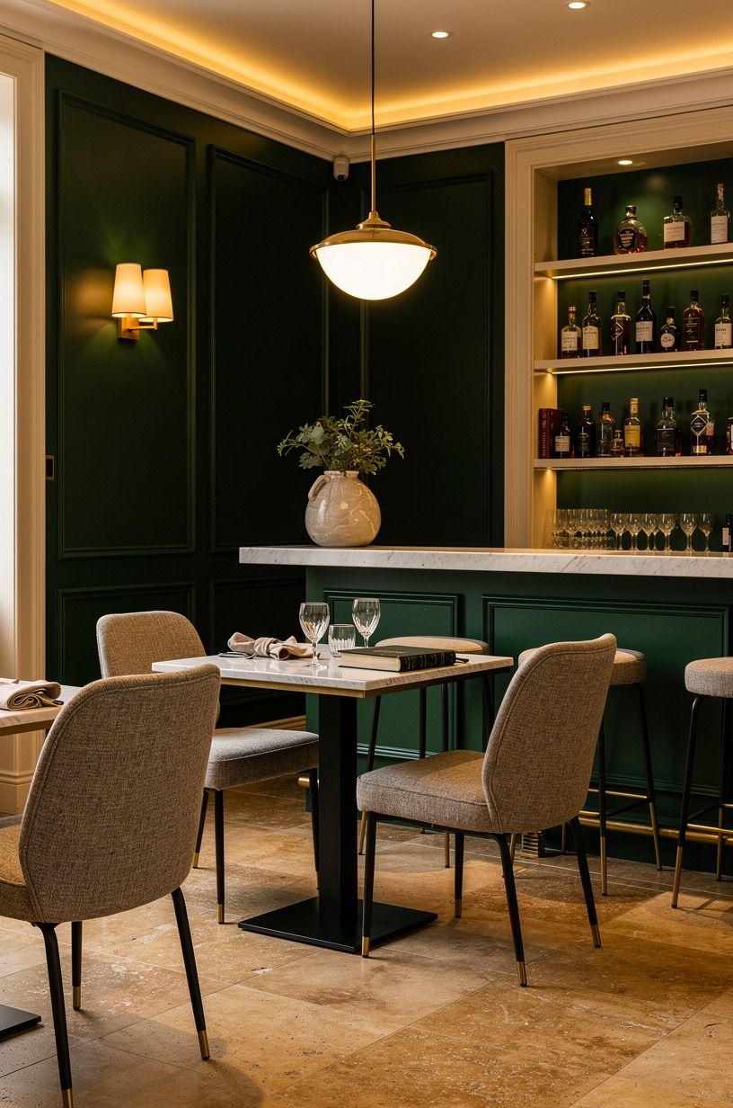 Layer three light sources for a dark cozy bar interior