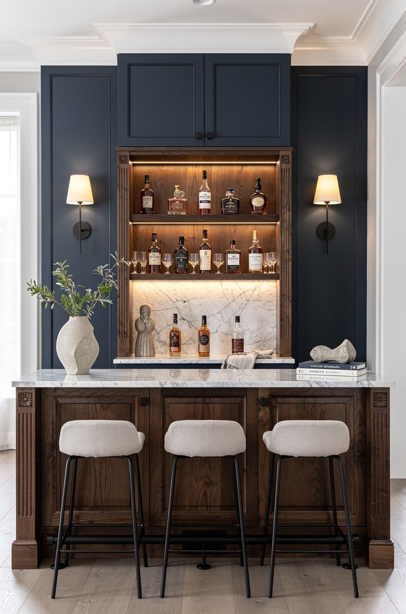 Mix walnut and black metal for a modern dark wood bar design