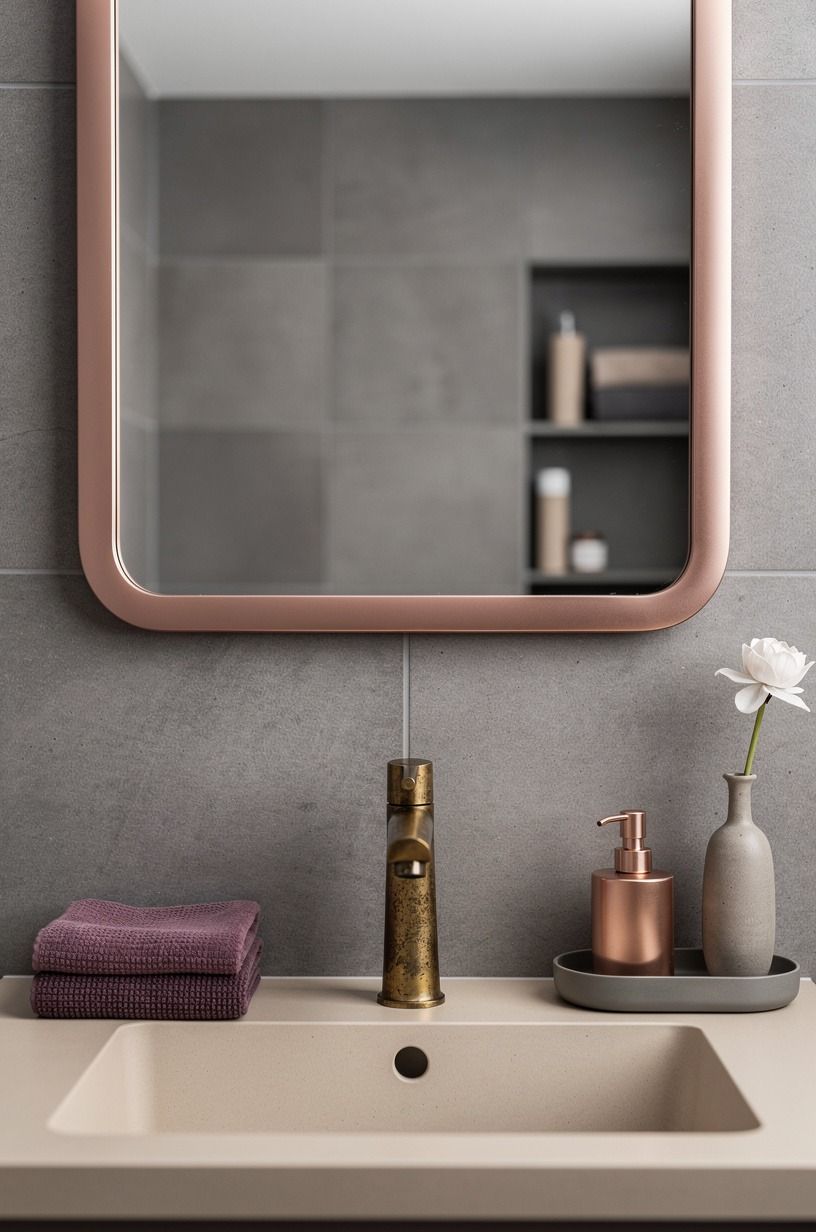 A framed mirror over the modern beige bathroom sink