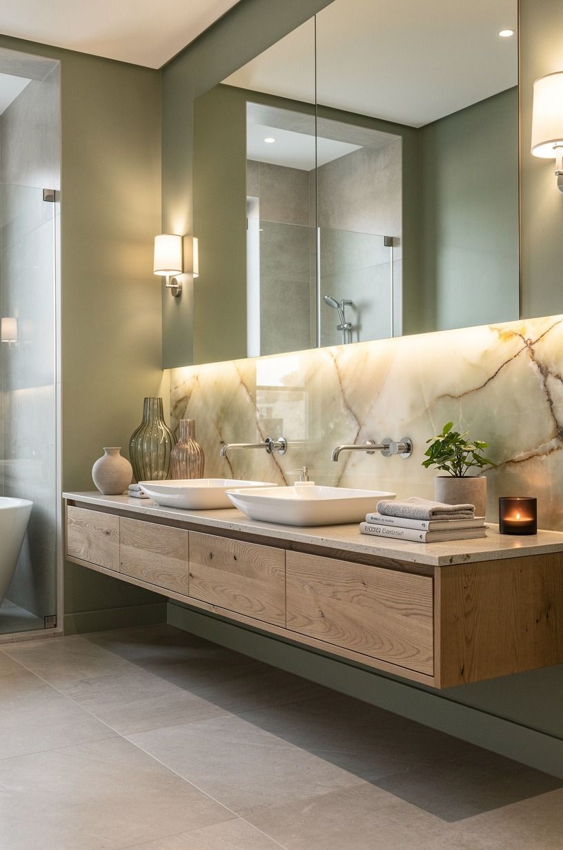 Float a chunky oak vanity over the floor