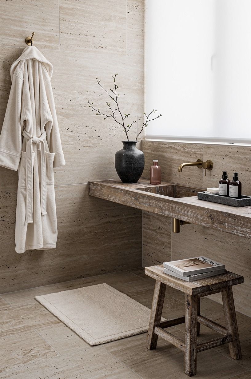 Layer light travertine tile with soft cream textiles