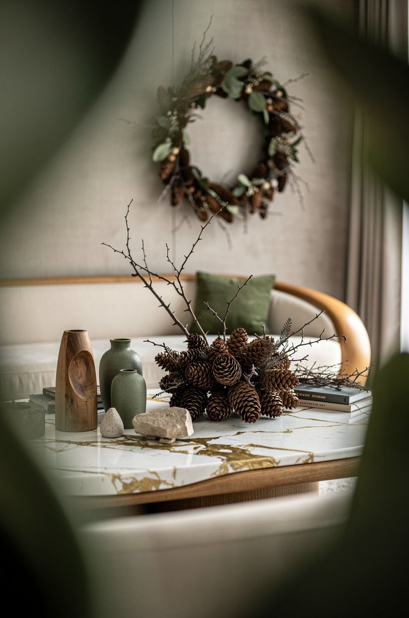 Build a low cluster from pine cones and thorny stems