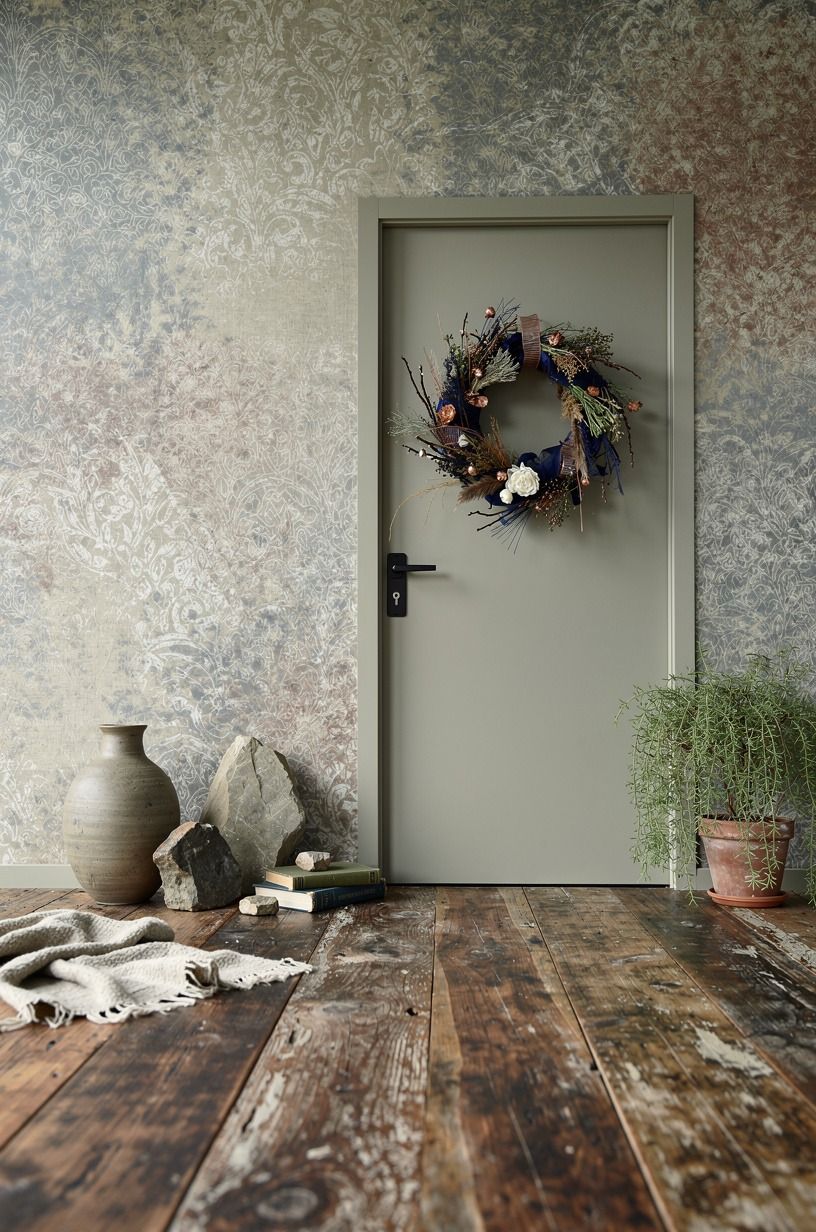 Choose a quiet door color over a busy backdrop