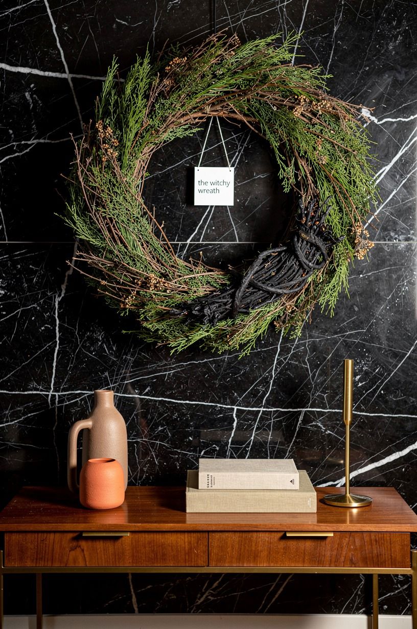 Make the twig wreath halloween-ready with one blackened bundle