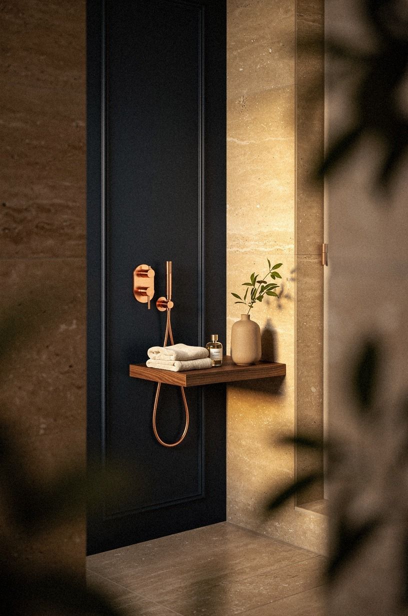 Float a teak ledge beside the shower fixture