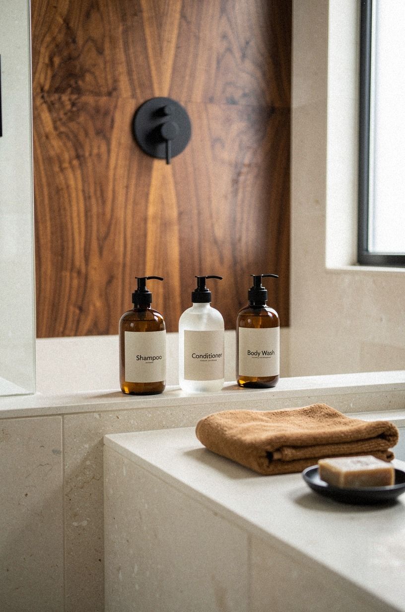 Layer the Three-Bottle Edit for calmer shower storage aesthetic
