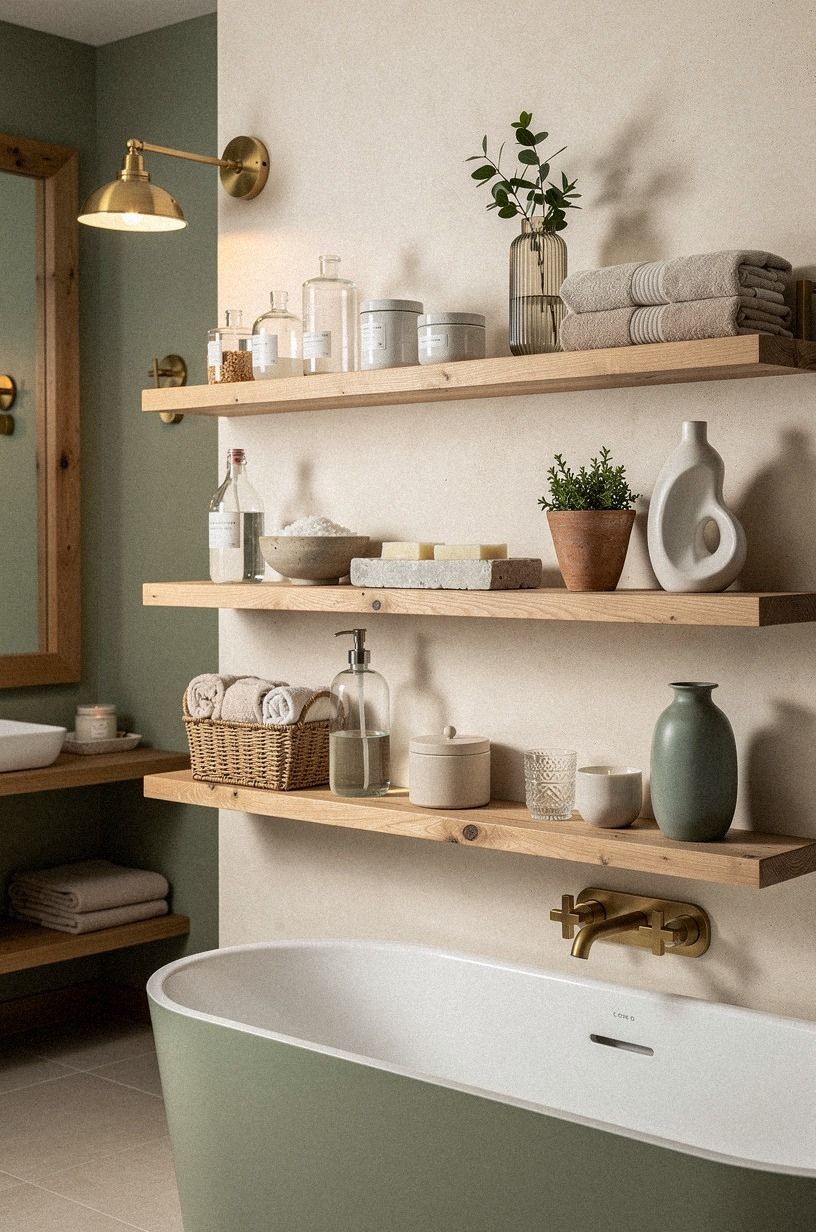Use the Two-Height Rule for bath shelf ideas