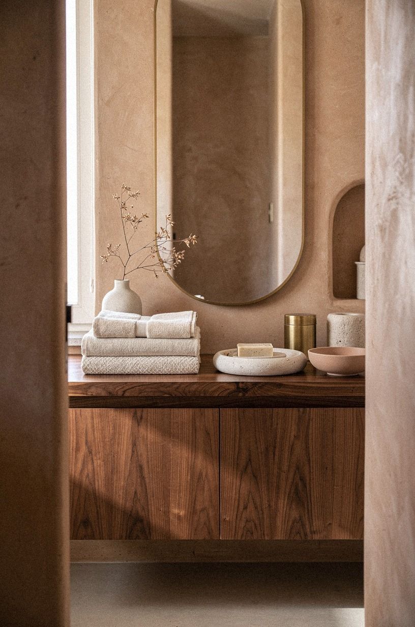 Add a neutral tone bathroom decor shelf