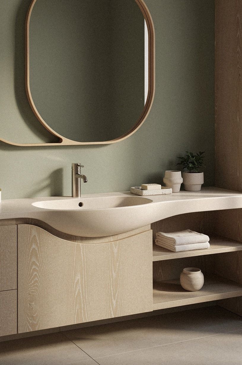 Choose a modern beige bathroom sink with one strong curve