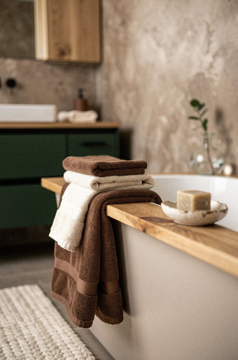 Mix bathroom ideas brown with creamy textiles