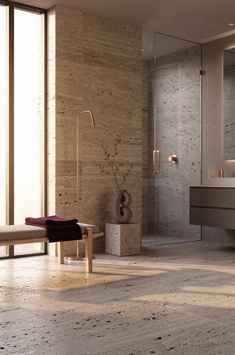 Use travertine’s pitting as the texture guide