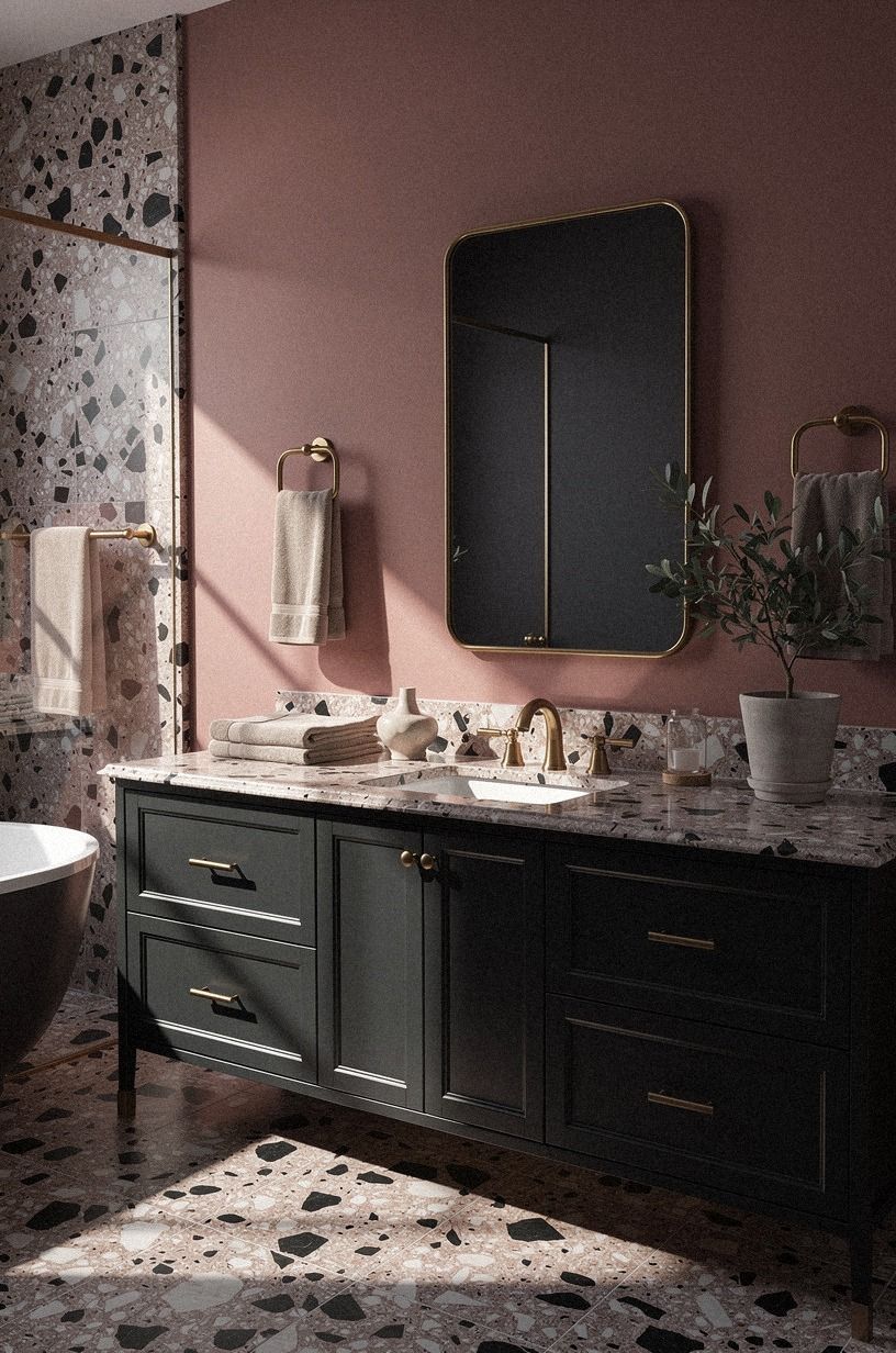 Layer warm metal into a dark bathroom