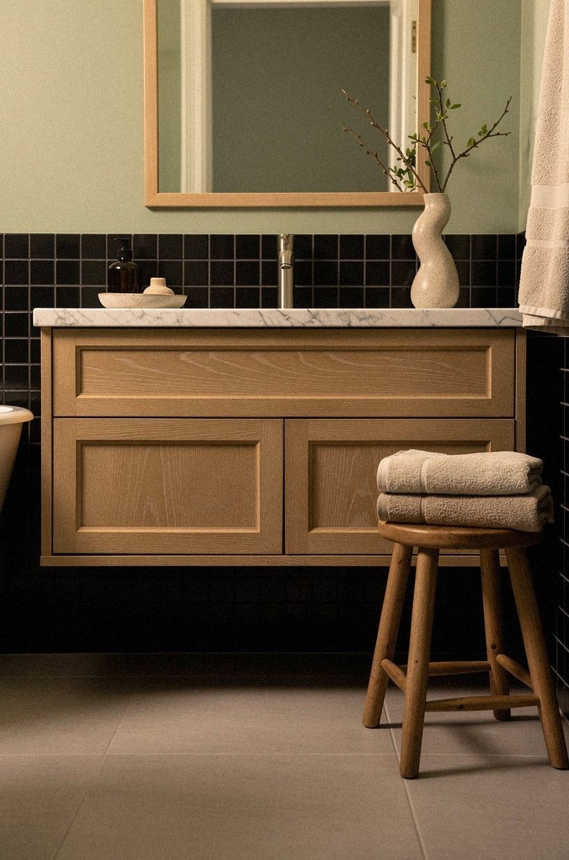 Float a vanity above black bathroom tile