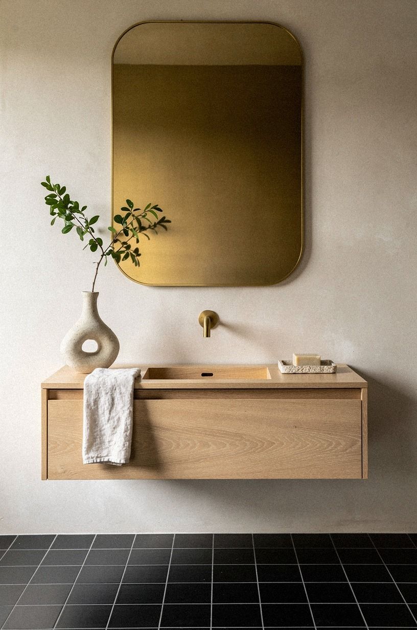 Mix black tile with a warm brass mirror