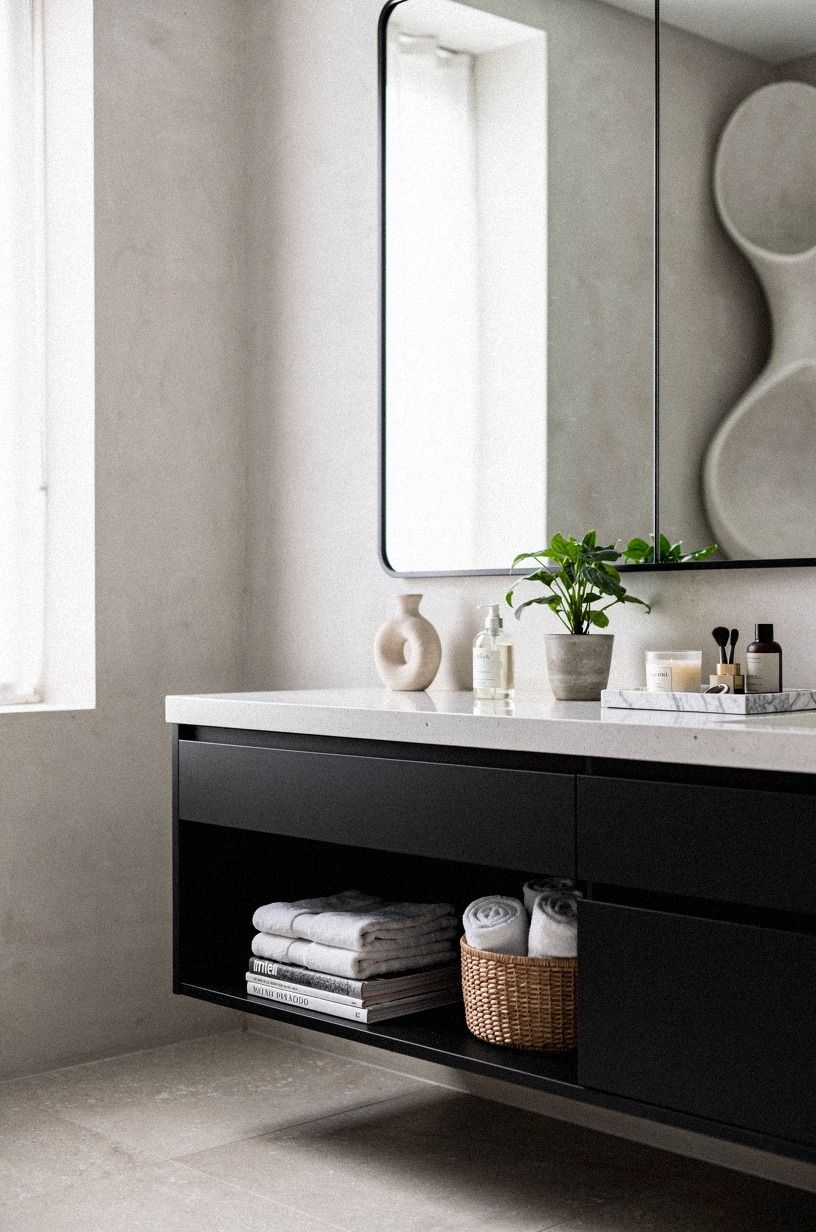 Add a Narrow Open Shelf Below the Mirror