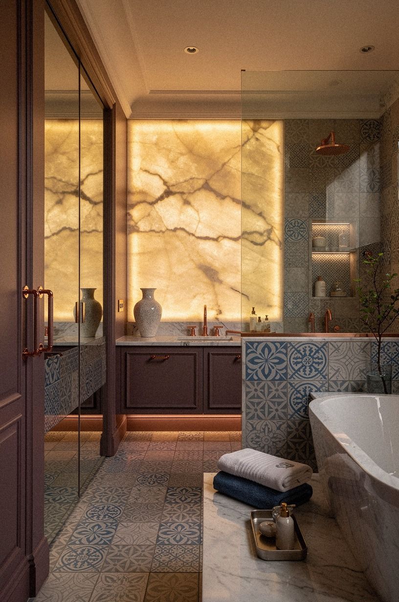 Mix patterned tile into blue accent bathroom ideas