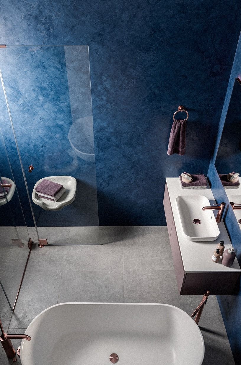 Paint Hague Blue for a modern blue bathroom design