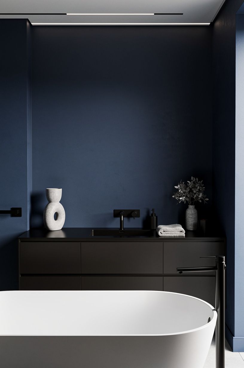 Price the modern blue bathroom design before you demo