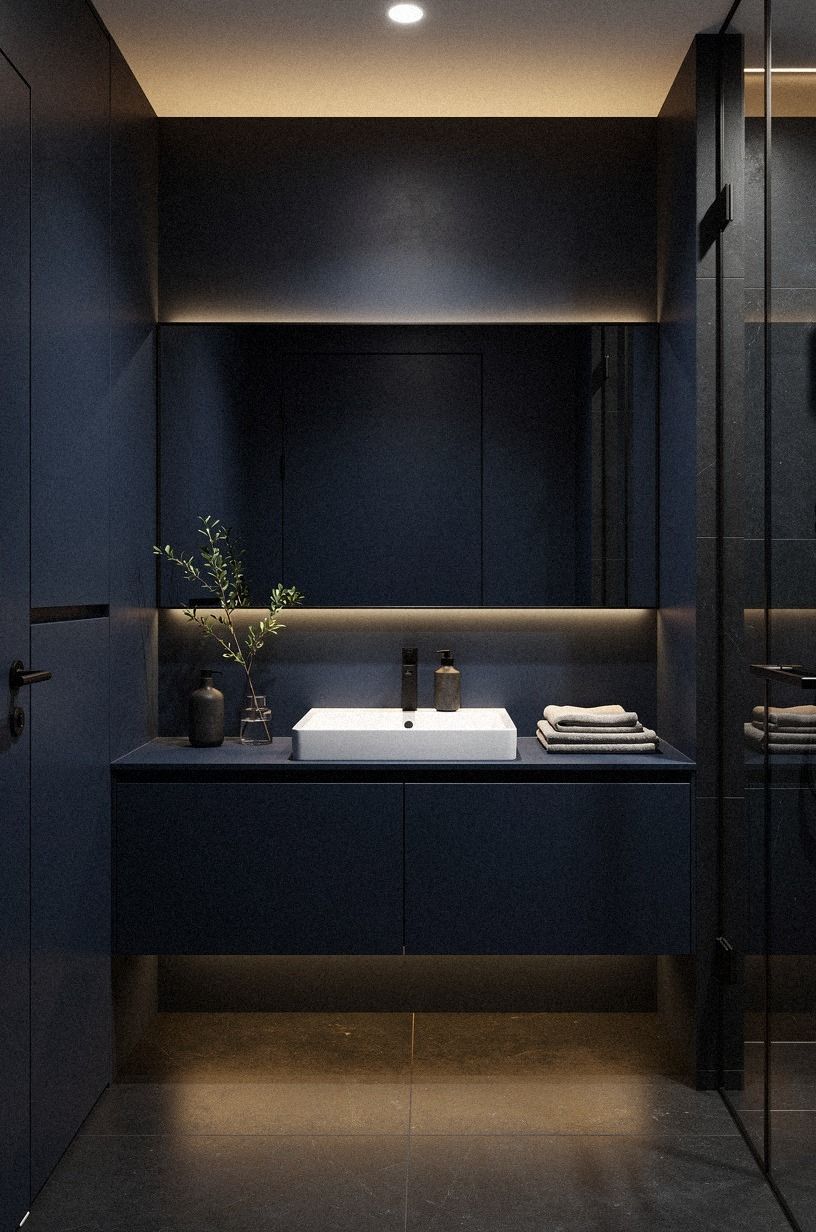 The mirror frame sets the blue accent