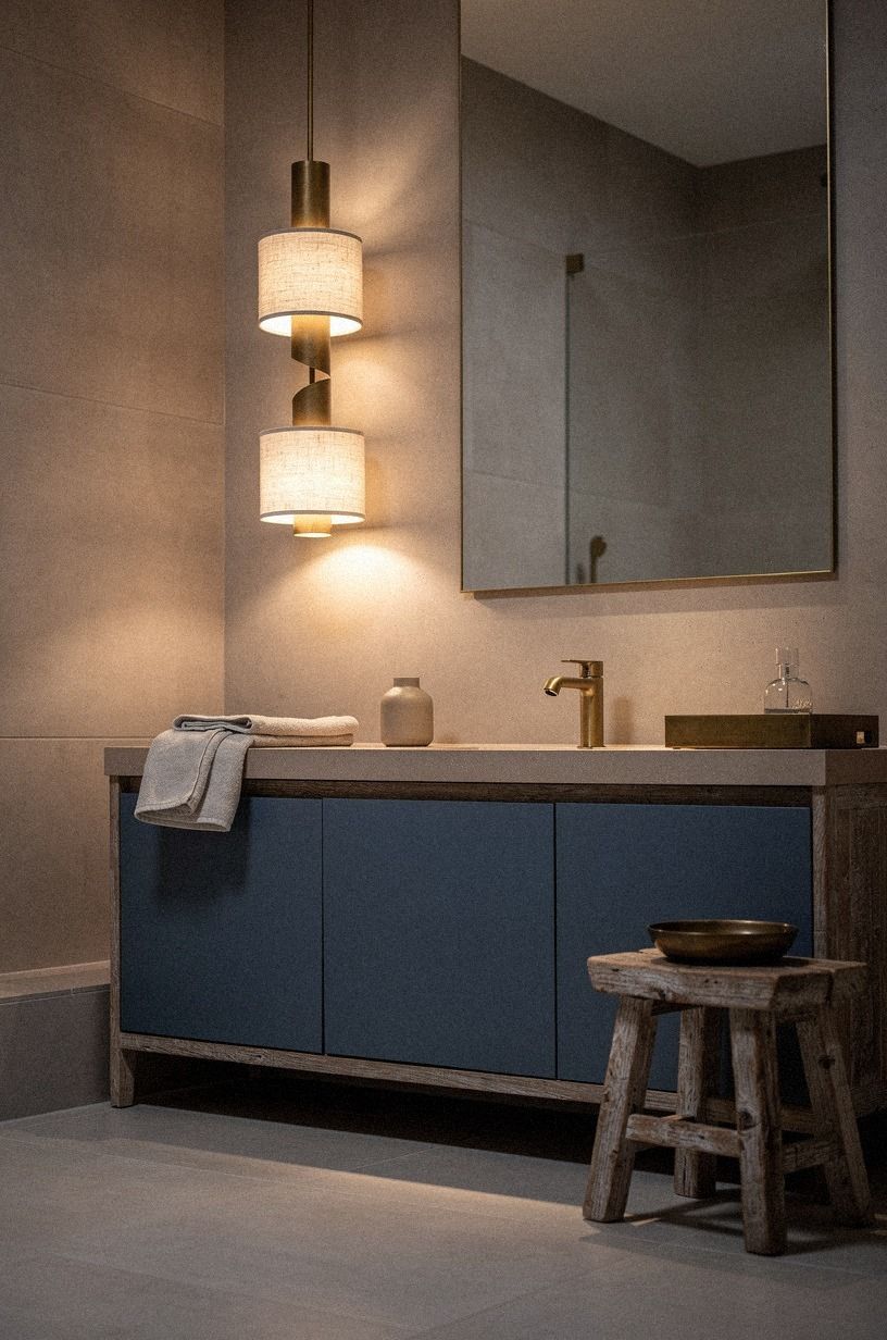 Build the Three-Height Light Stack above a blue vanity