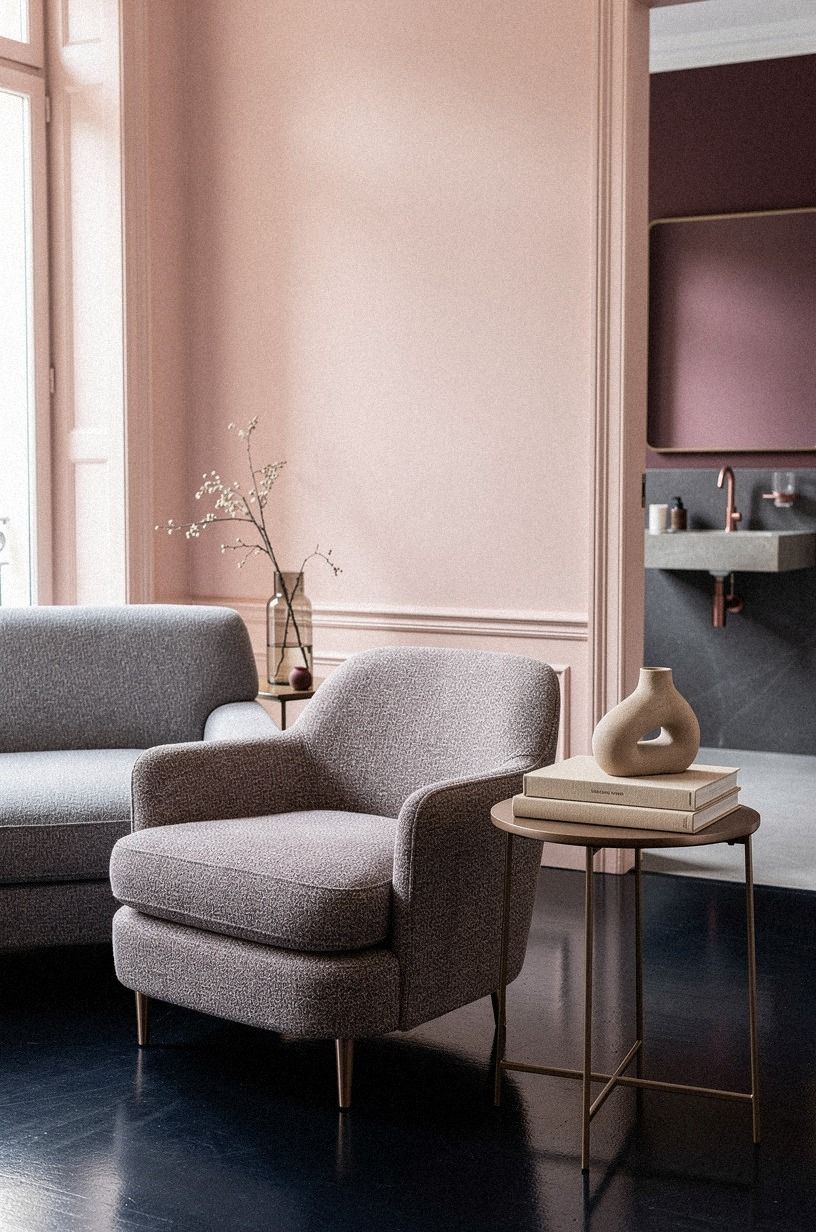 Contrast soft pink with a black-blue floor