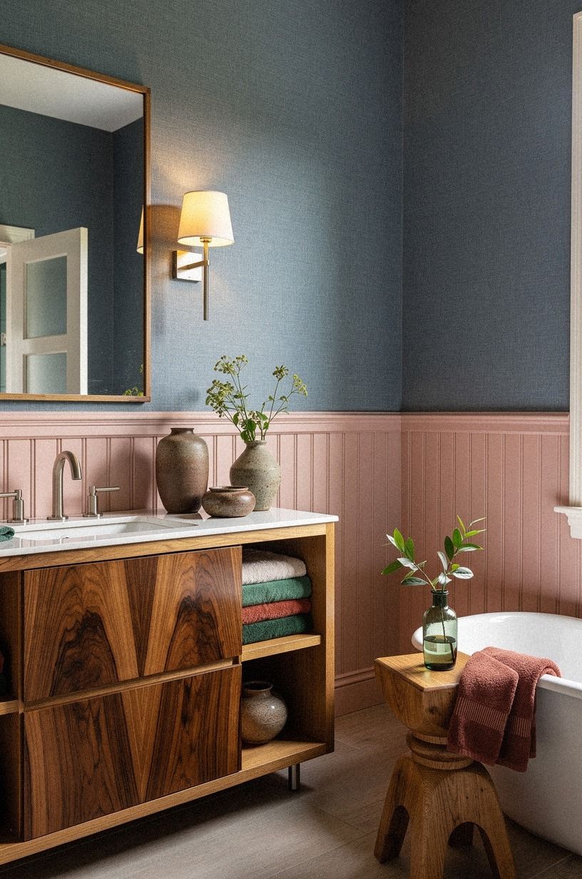 Hang blue wallpaper above a pink beadboard wall
