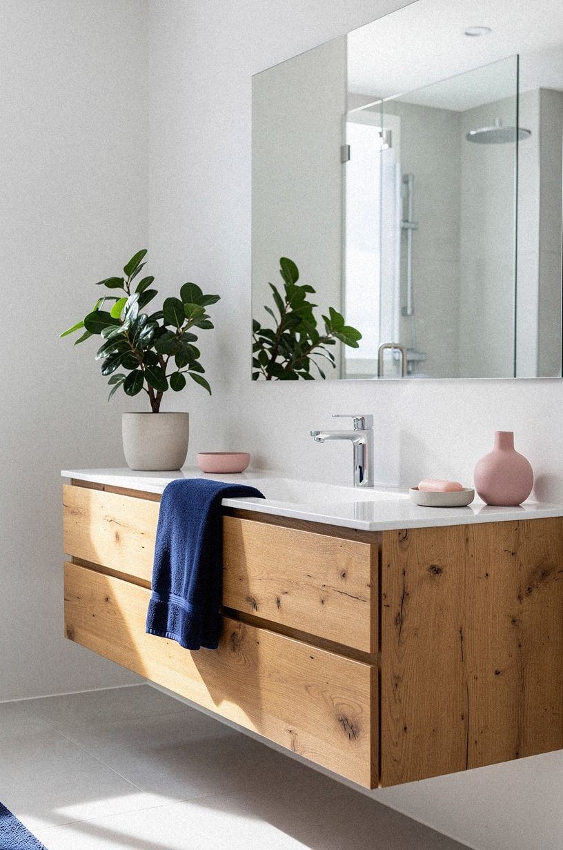 Mix modern bathroom colorful details with old-house texture