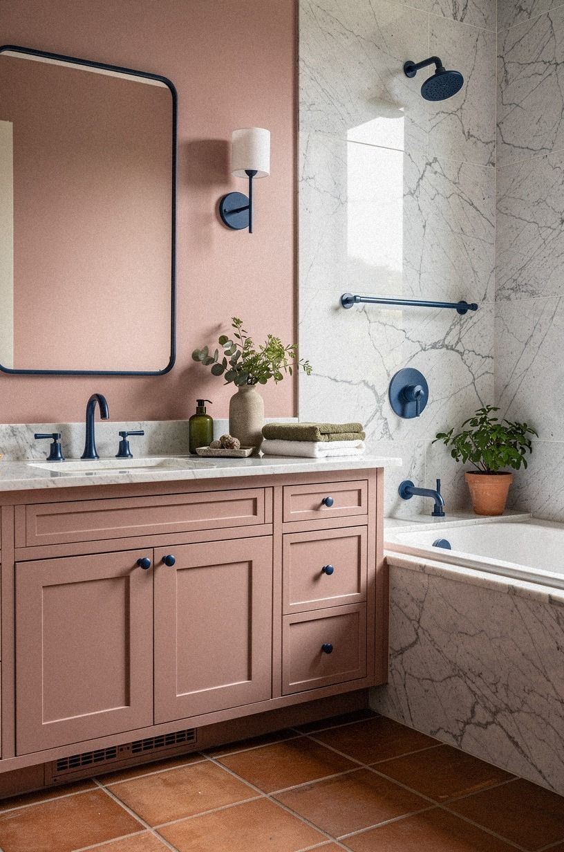 Paint the vanity wall pink and keep the fixtures blue