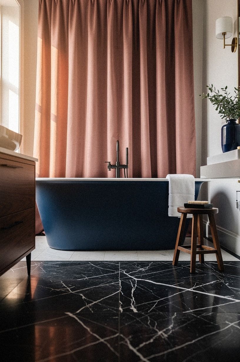 Style a blue tub with a rose curtain