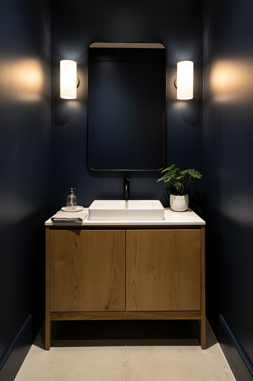 Choose navy over gray for a dramatic powder room