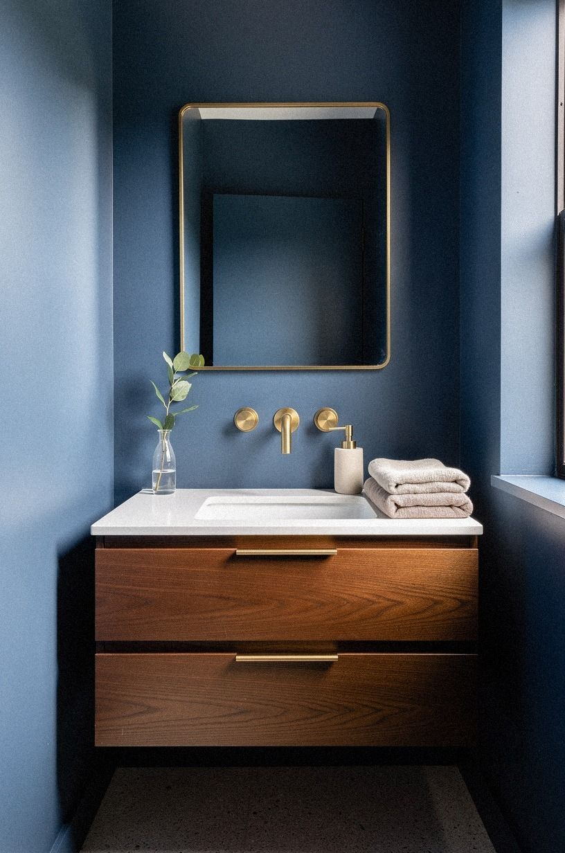 Layer linen and brass for a modern chic powder room