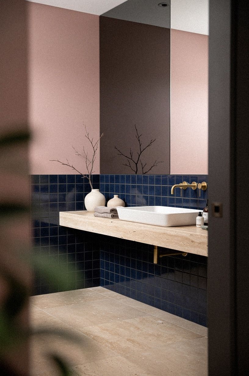 Mix blue tile over painted walls