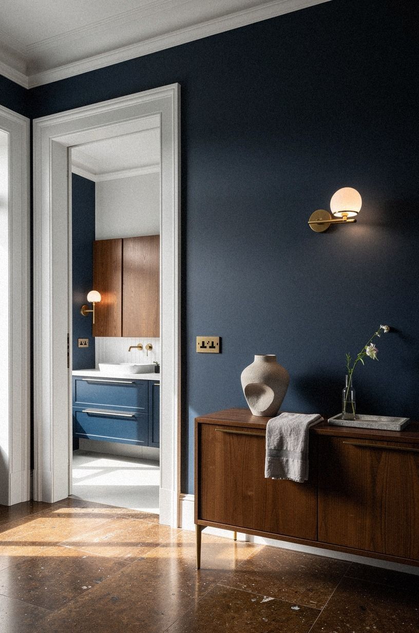 Brown travertine meets Farrow & Ball Hague Blue