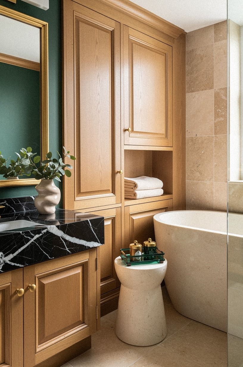 Layer light walnut beside warm travertine