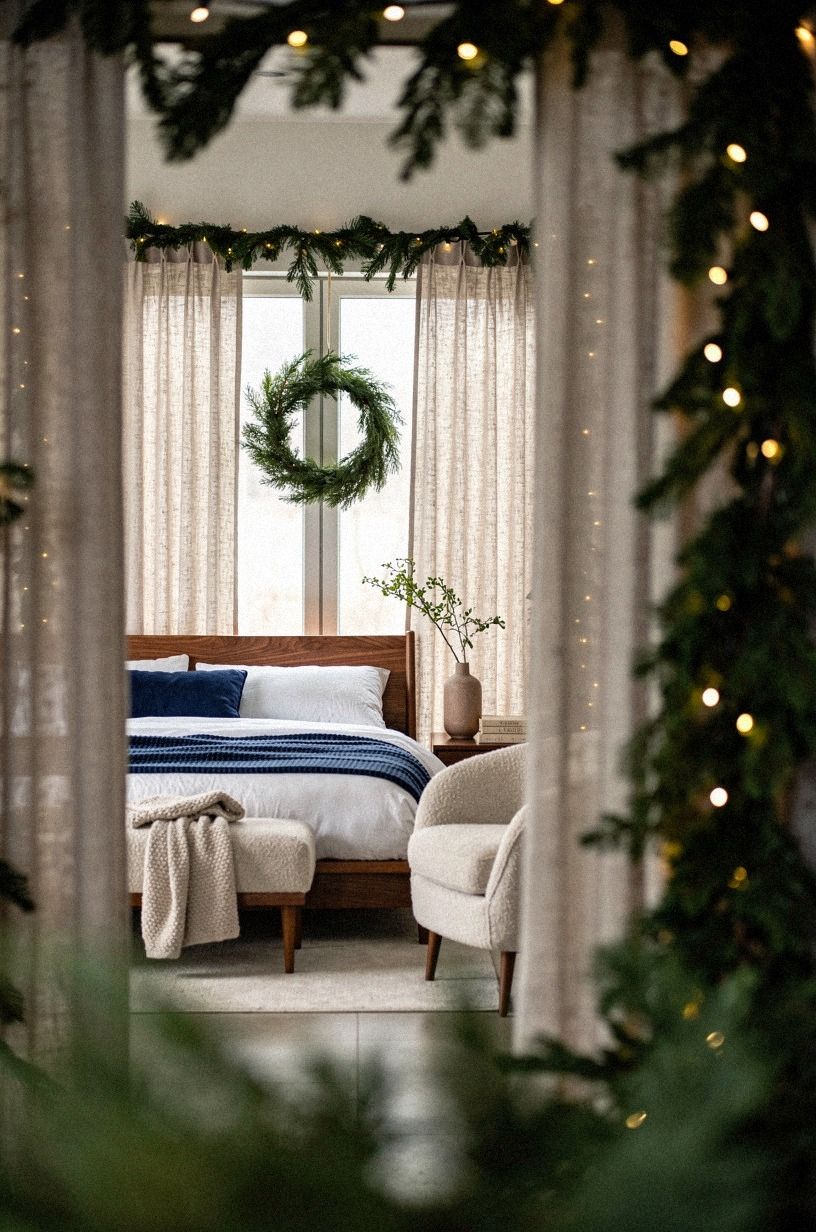 Hang linen drapes over bare glass