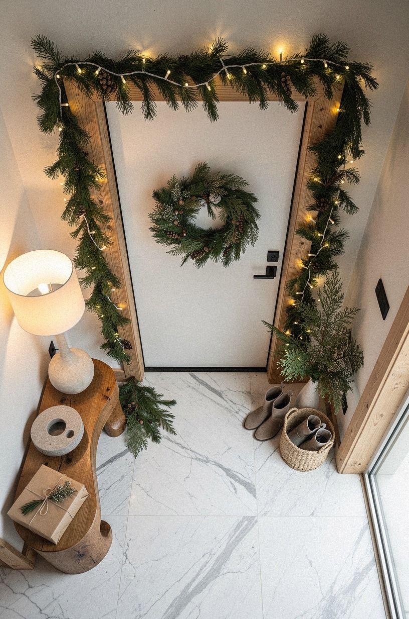 Frame the doorway with clipped cedar