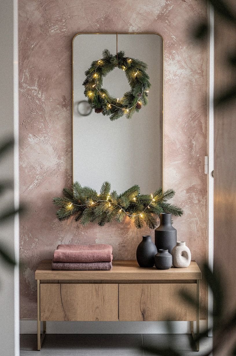 Hang a mirror over a narrow storage bench