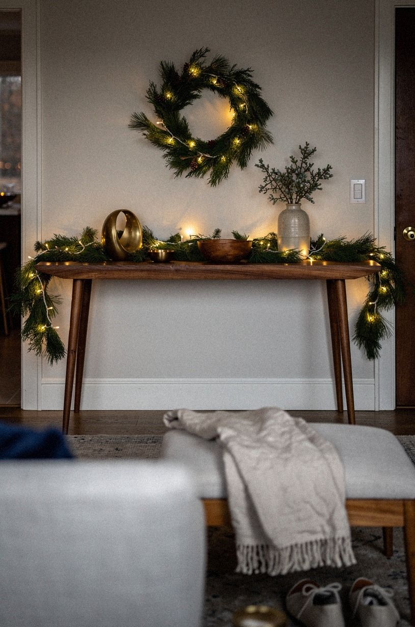 Swap the bulky console for a shallow oak ledge