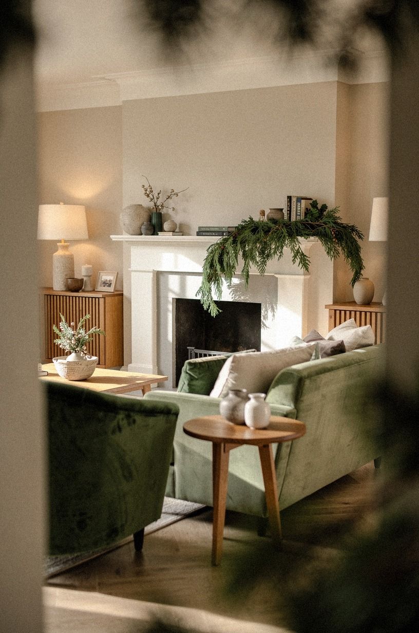 Layer a one-sided evergreen sweep for Christmas mantel decor