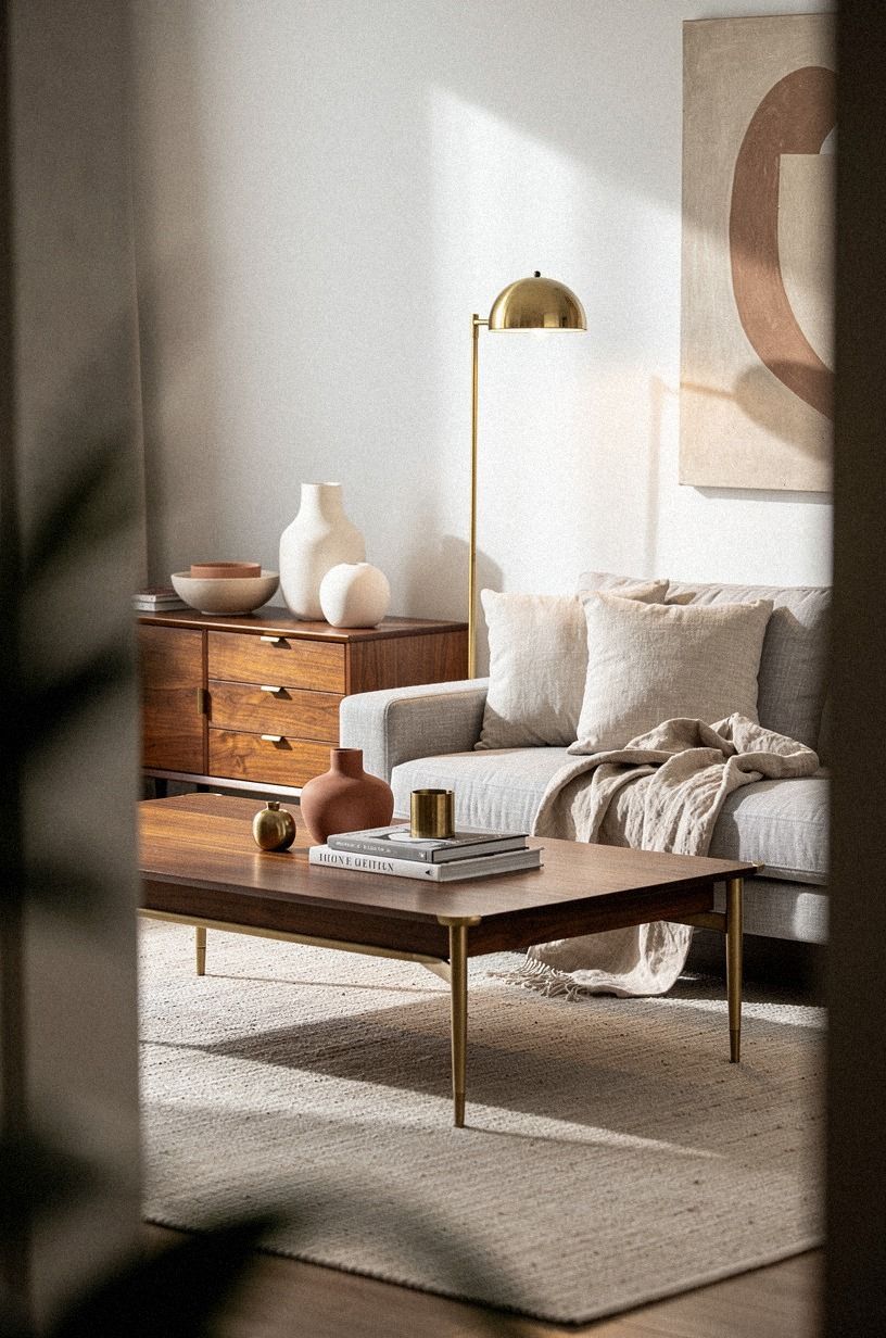 Mix matte ceramics with polished brass