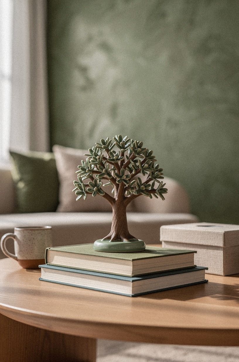 Stack books beneath a small ceramic tree
