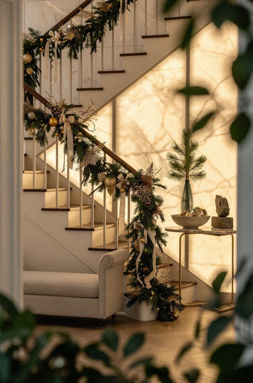 Layer Christmas Staircase Decor Around the Handrail