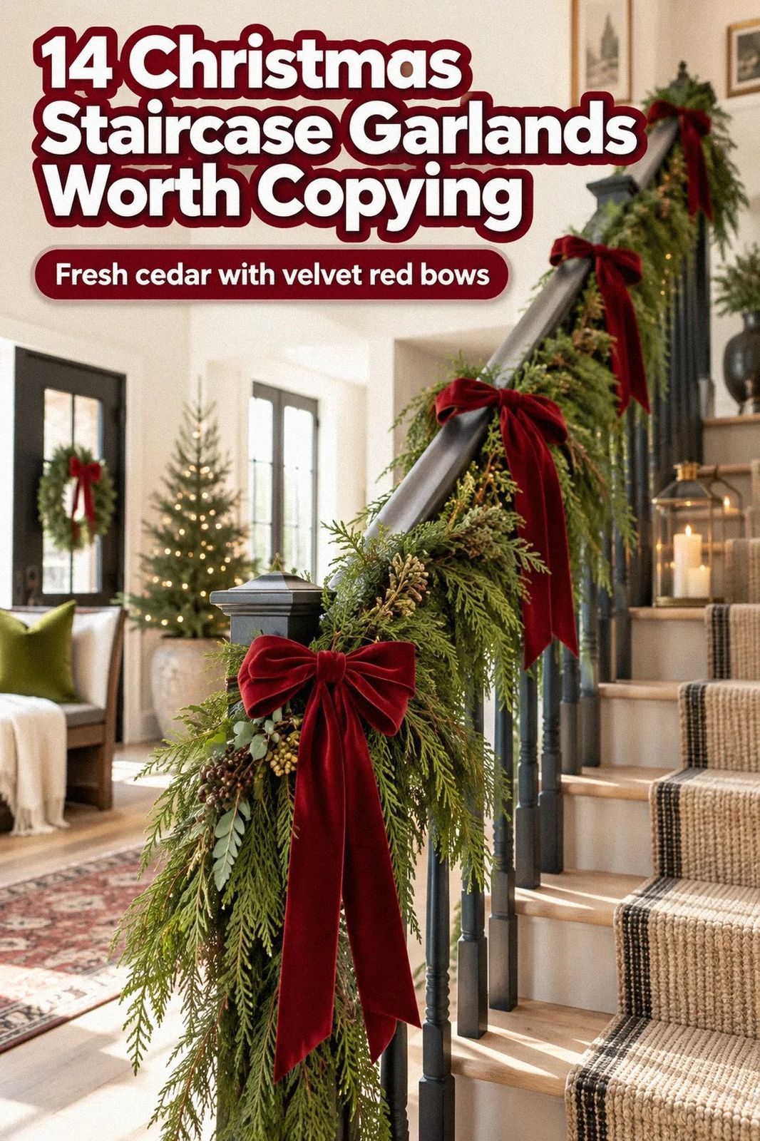 14 Christmas Staircase Garland Setups With Ribbon and Lights That Feel Custom