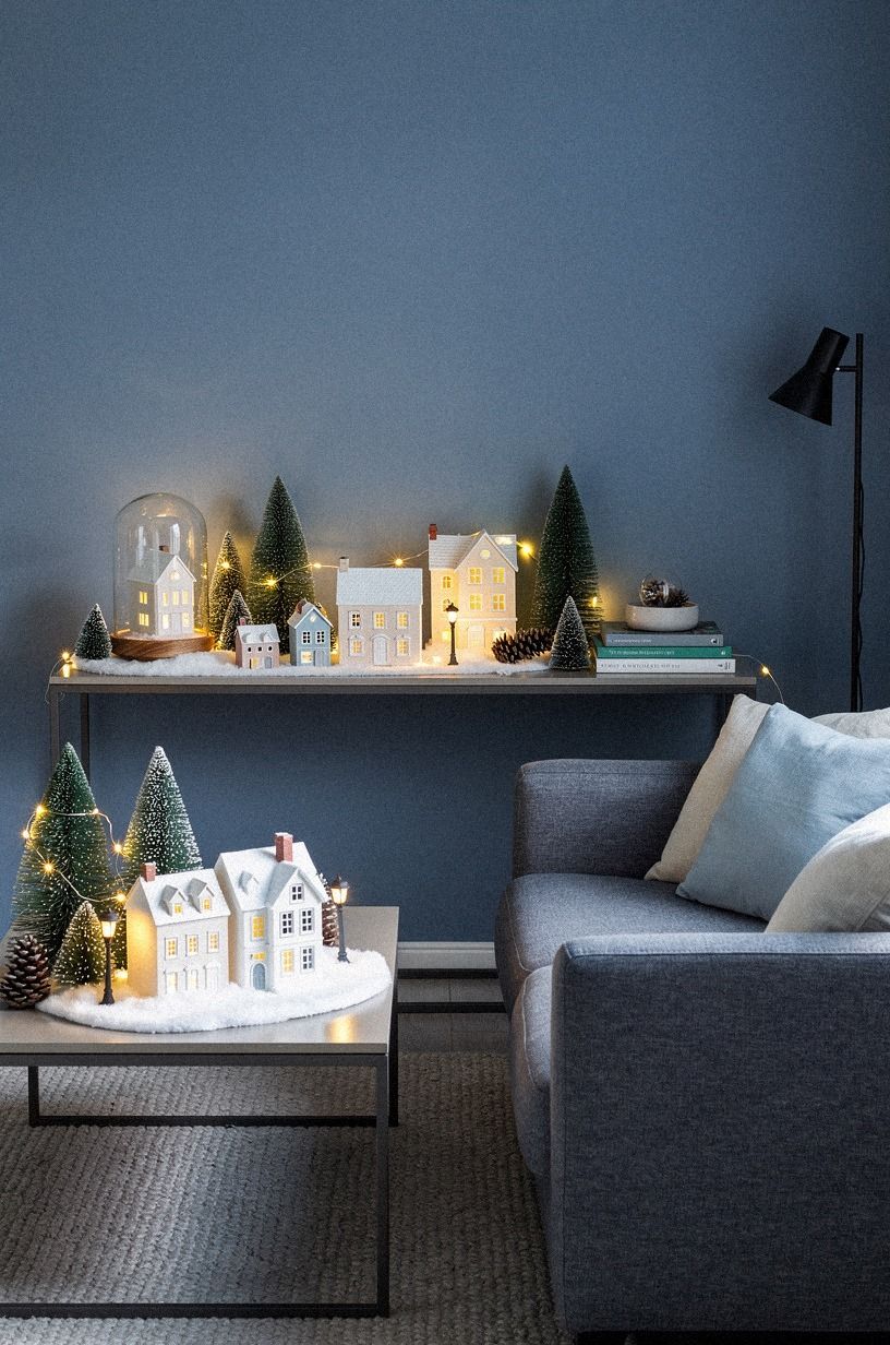 Paint the Backdrop with Hague Blue for a Moody Christmas Village Setup