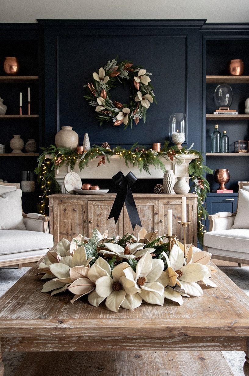 Float a black ribbon over pale magnolia leaves