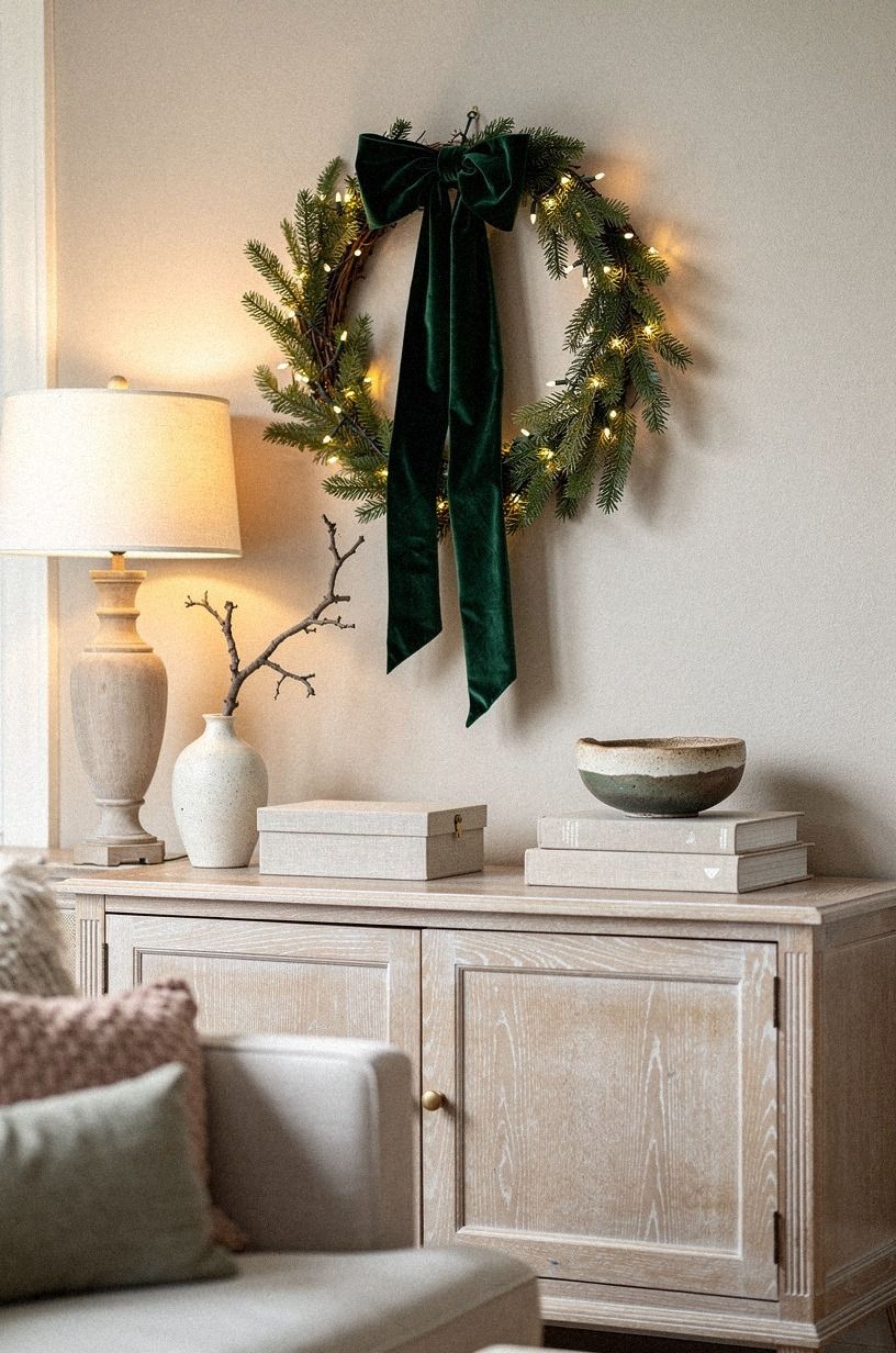 Layer a velvet bow over a simple grapevine wreath